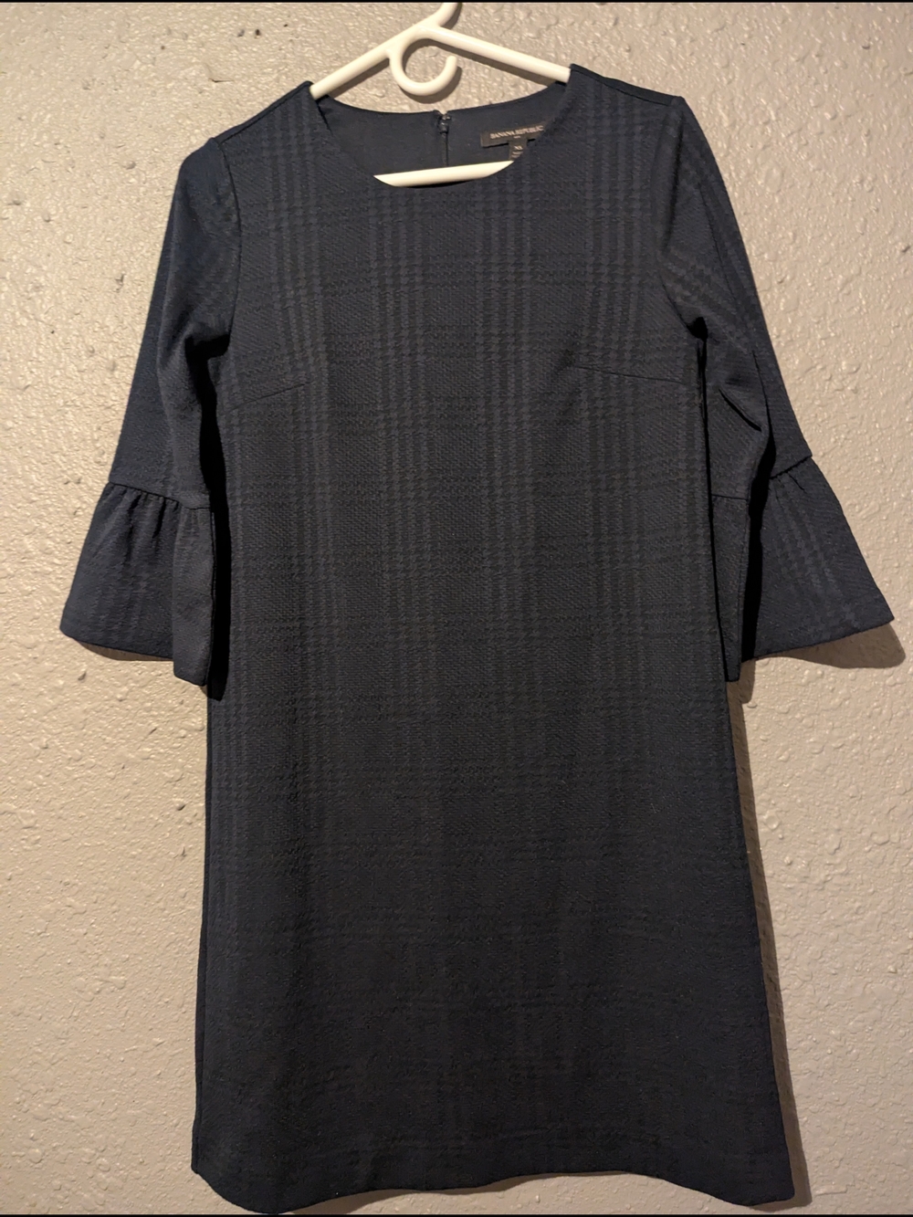 XS Navy Plaid Midi Dress with Ruffled Sleeves